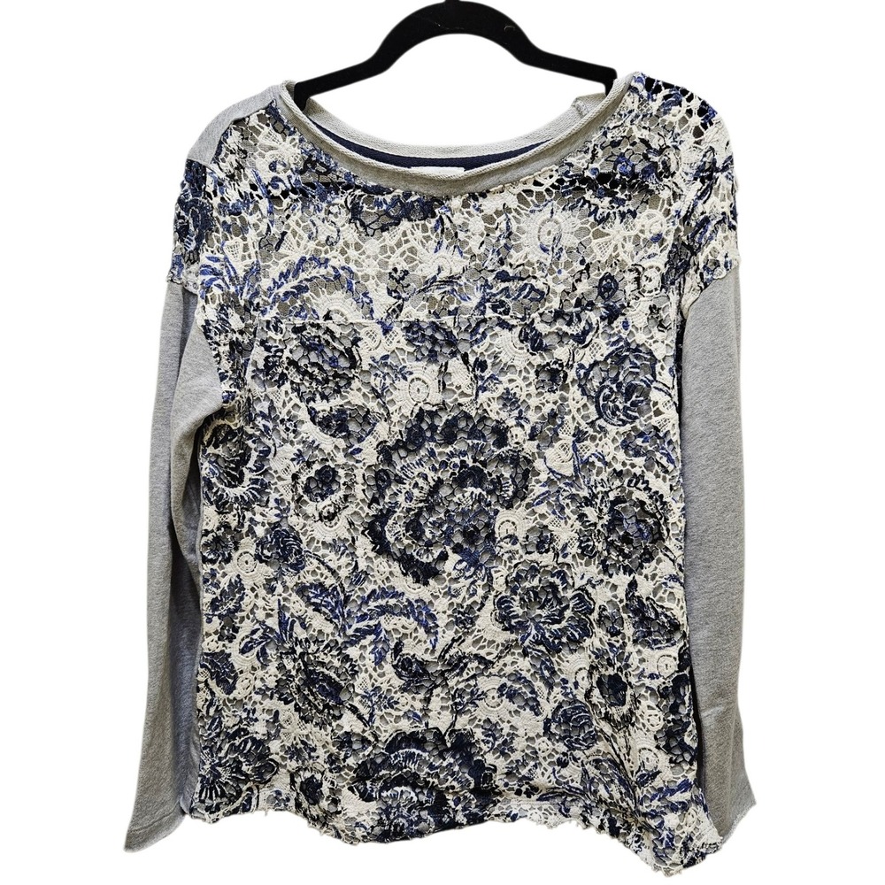 Sundance Caraway‎ Lace Top Floral Print Long Sleeve Cotton Blend Gray Women Sz M